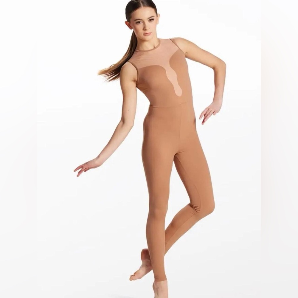 NWOT Balera Curved Illusion Plunge Dance Skin Tone Unitard In Warm Sand, Size SA
